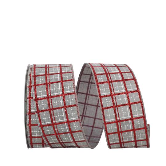 JAM Paper 2.5" x 20yd. Gray Wired Plaid Glitter Printed Stitch Ribbon